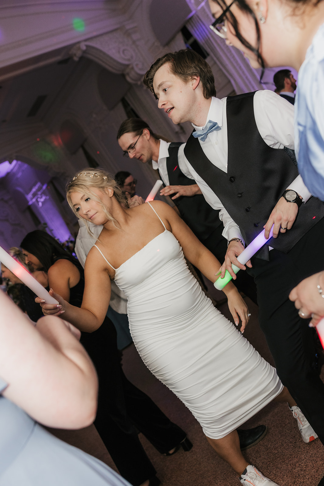 People dancing on the dance floor and having fun for a wedding reception at the mayo hotel 