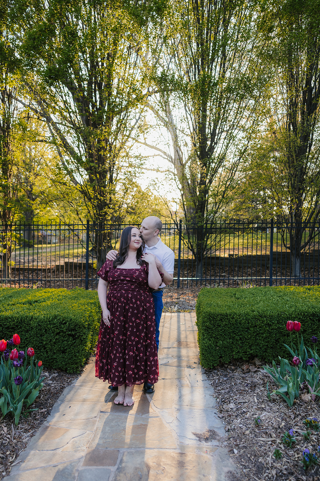 couple takes engagement photos at the Philbrook Museum of Art