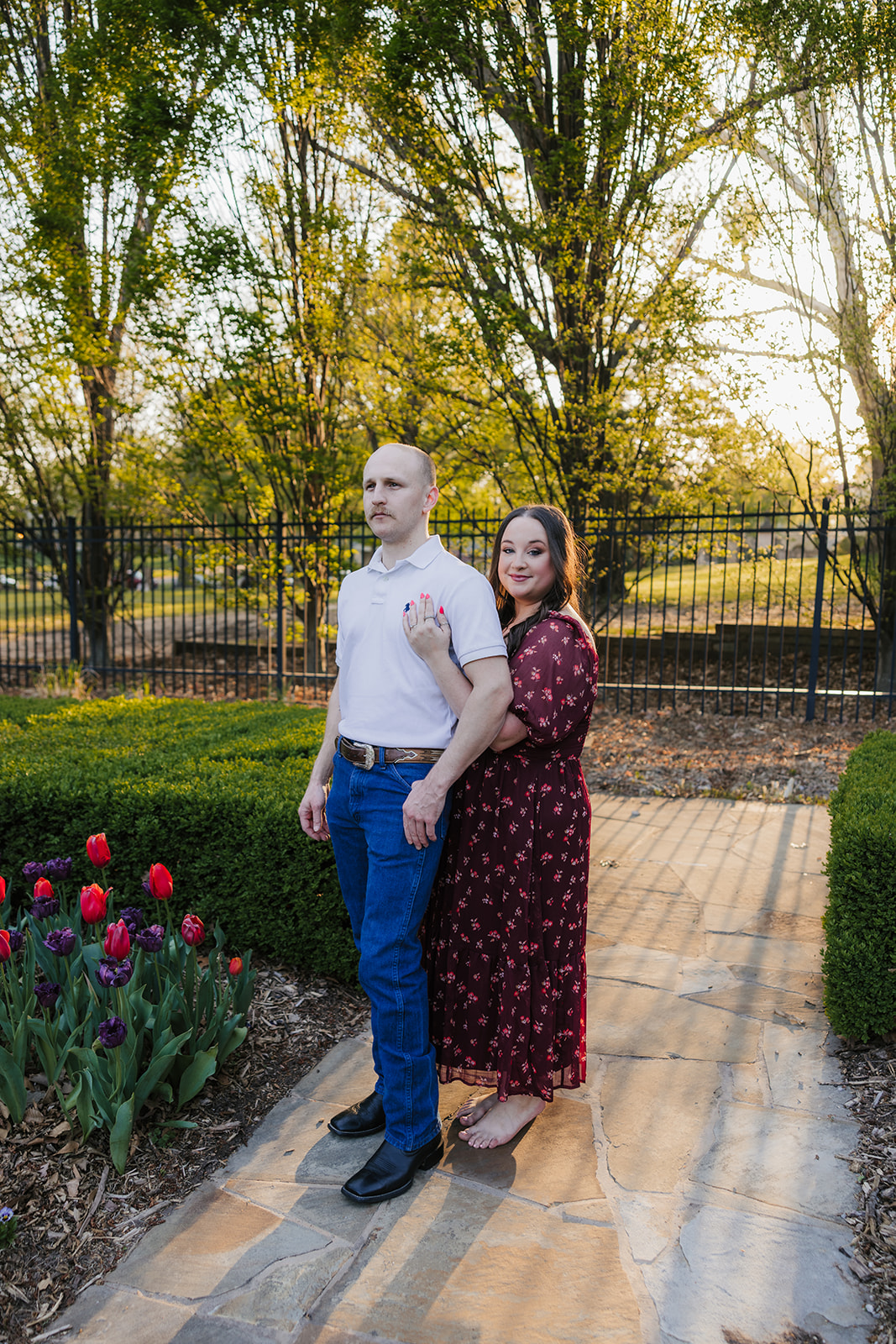couple takes engagement photos at the Philbrook Museum of Art