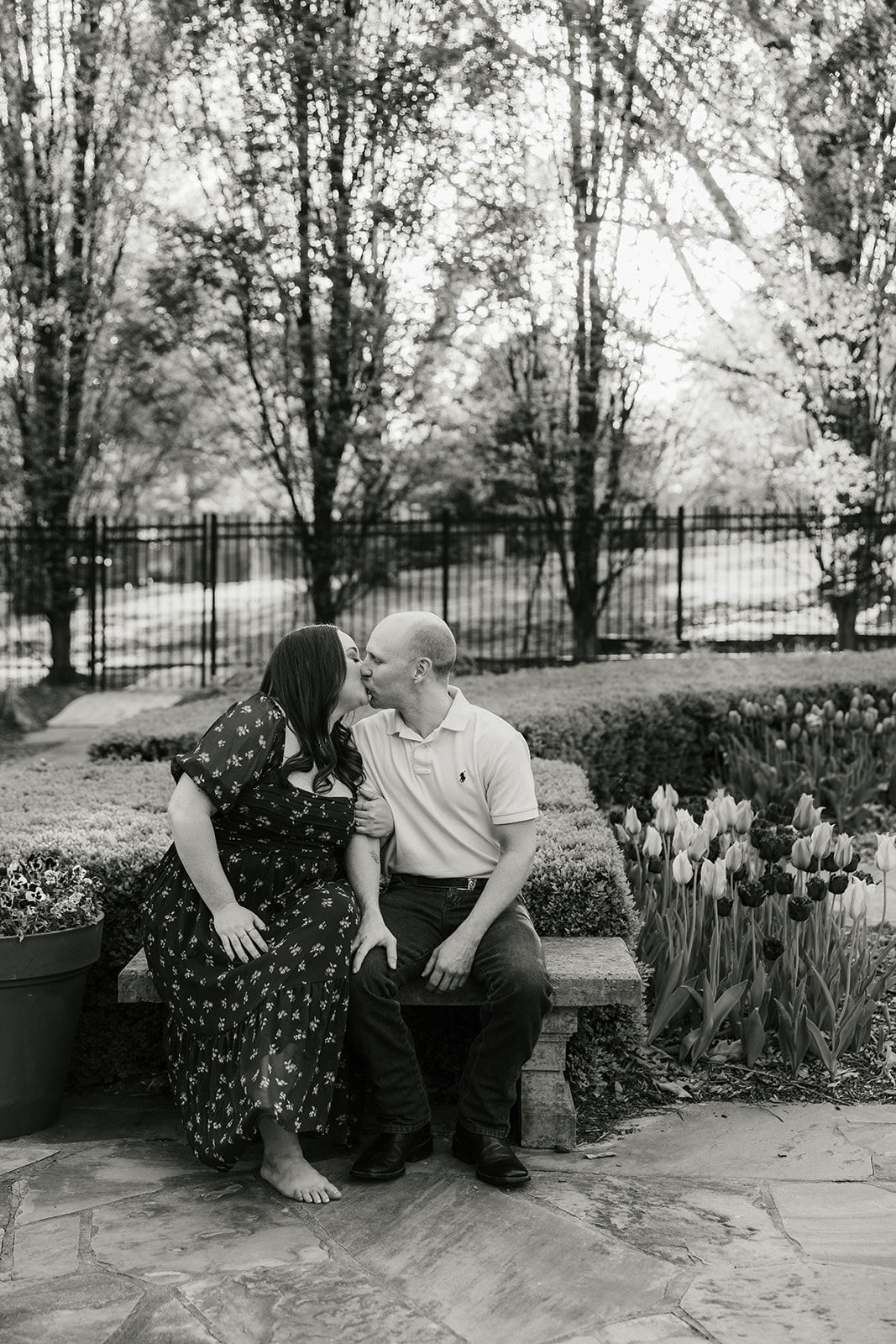 couple takes engagement photos at the Philbrook Museum of Art