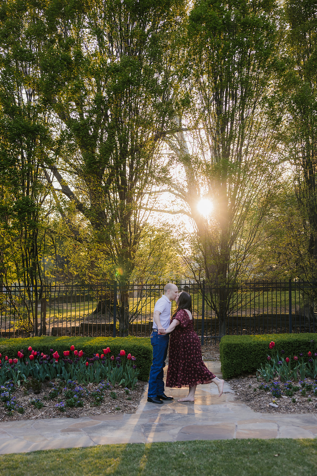 couple takes engagement photos at the Philbrook Museum of Art