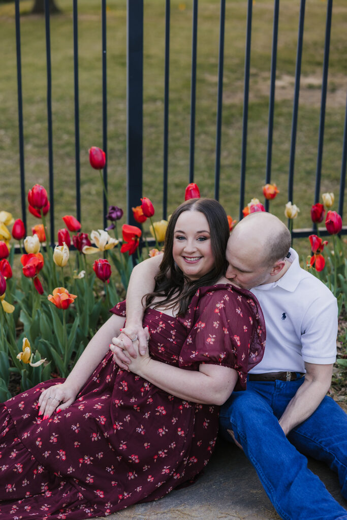 couple takes engagement photos at the Philbrook Museum of Art