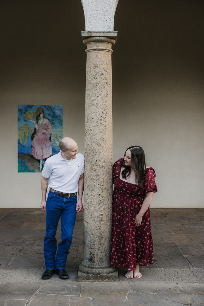 couple takes engagement photos at the Philbrook Museum of Art