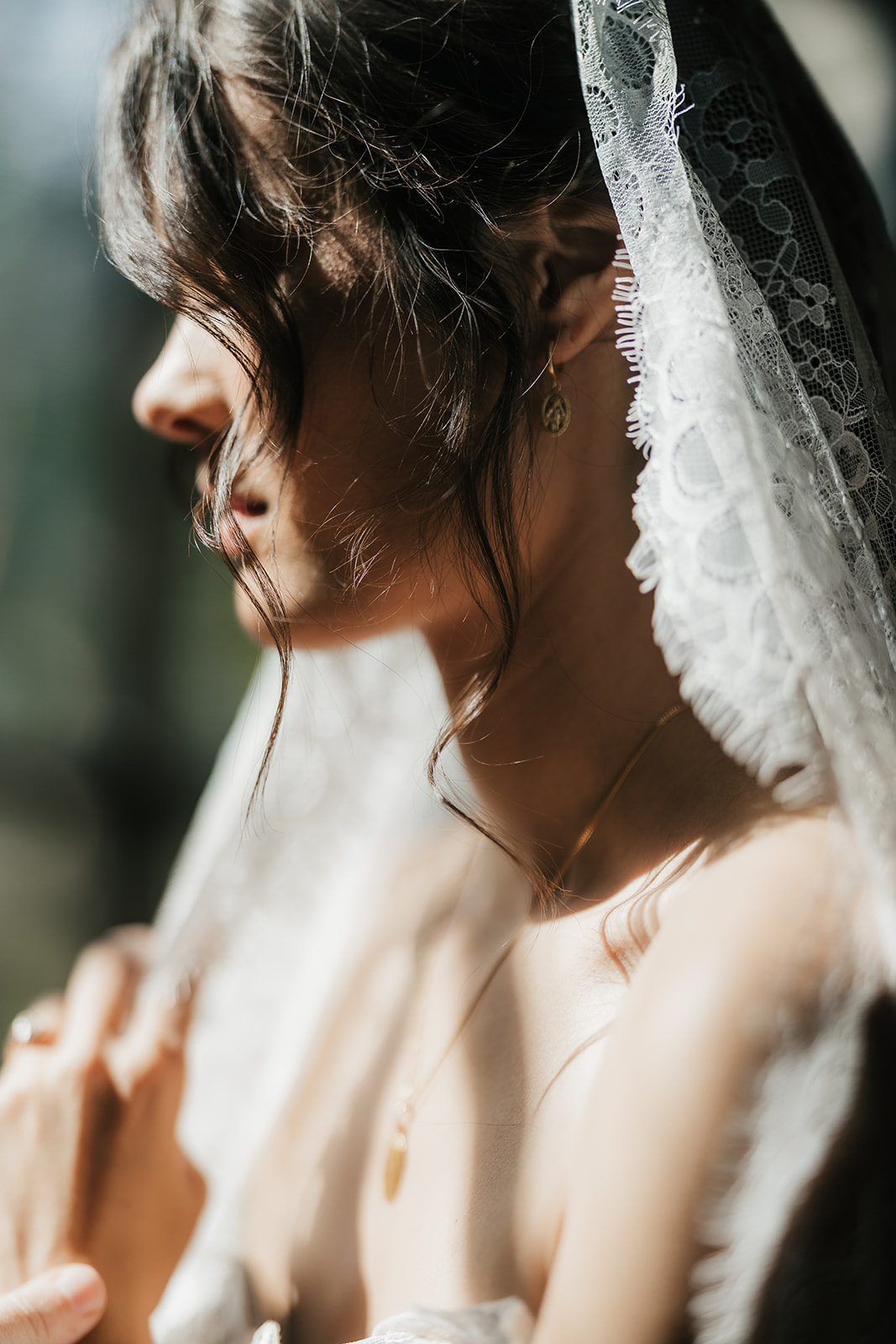 A person wearing a wedding dress and veil stands in front of large windows, illuminated by natural light.