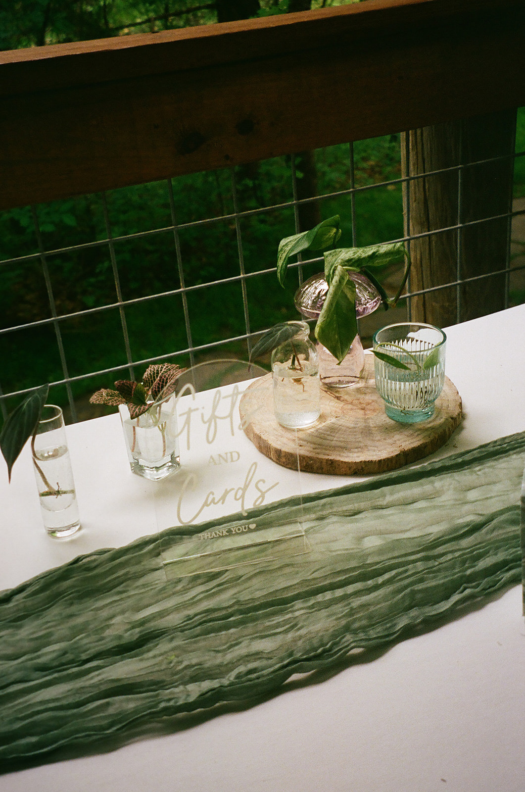 Rectangular tables with white tablecloths and green runners are arranged in a bright room with large windows and wooden chairs, overlooking a green outdoor view.
