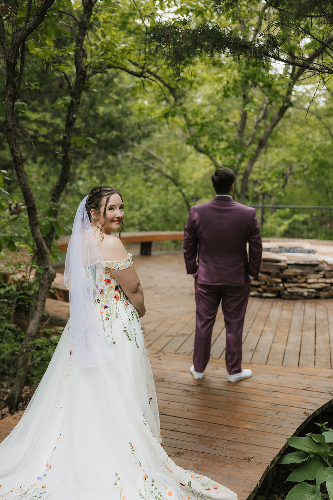 bride and groom have a first look on their wedding day at Merrick Hollow