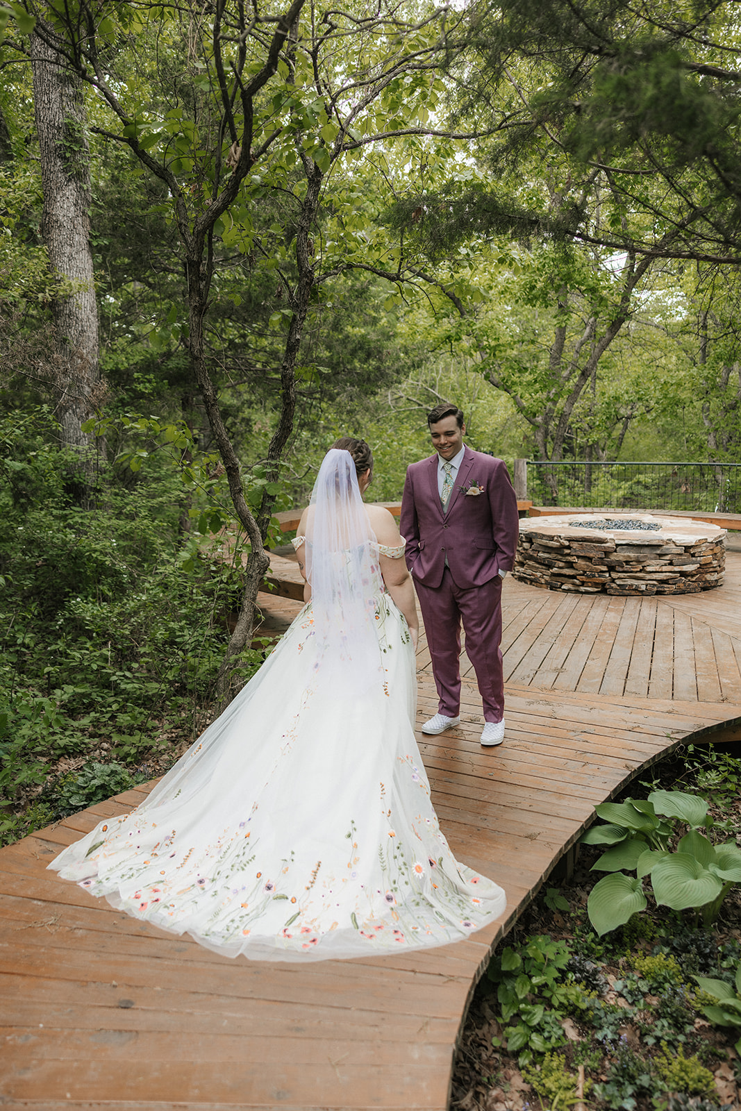 bride and groom have a first look on their wedding day at Merrick Hollow