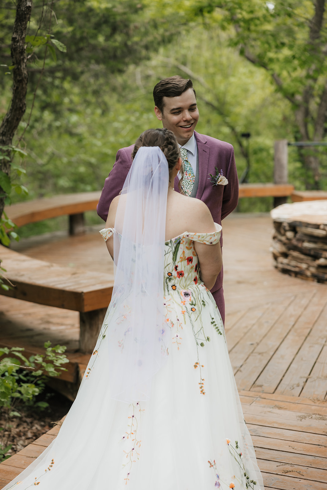 bride and groom have a first look on their wedding day at Merrick Hollow