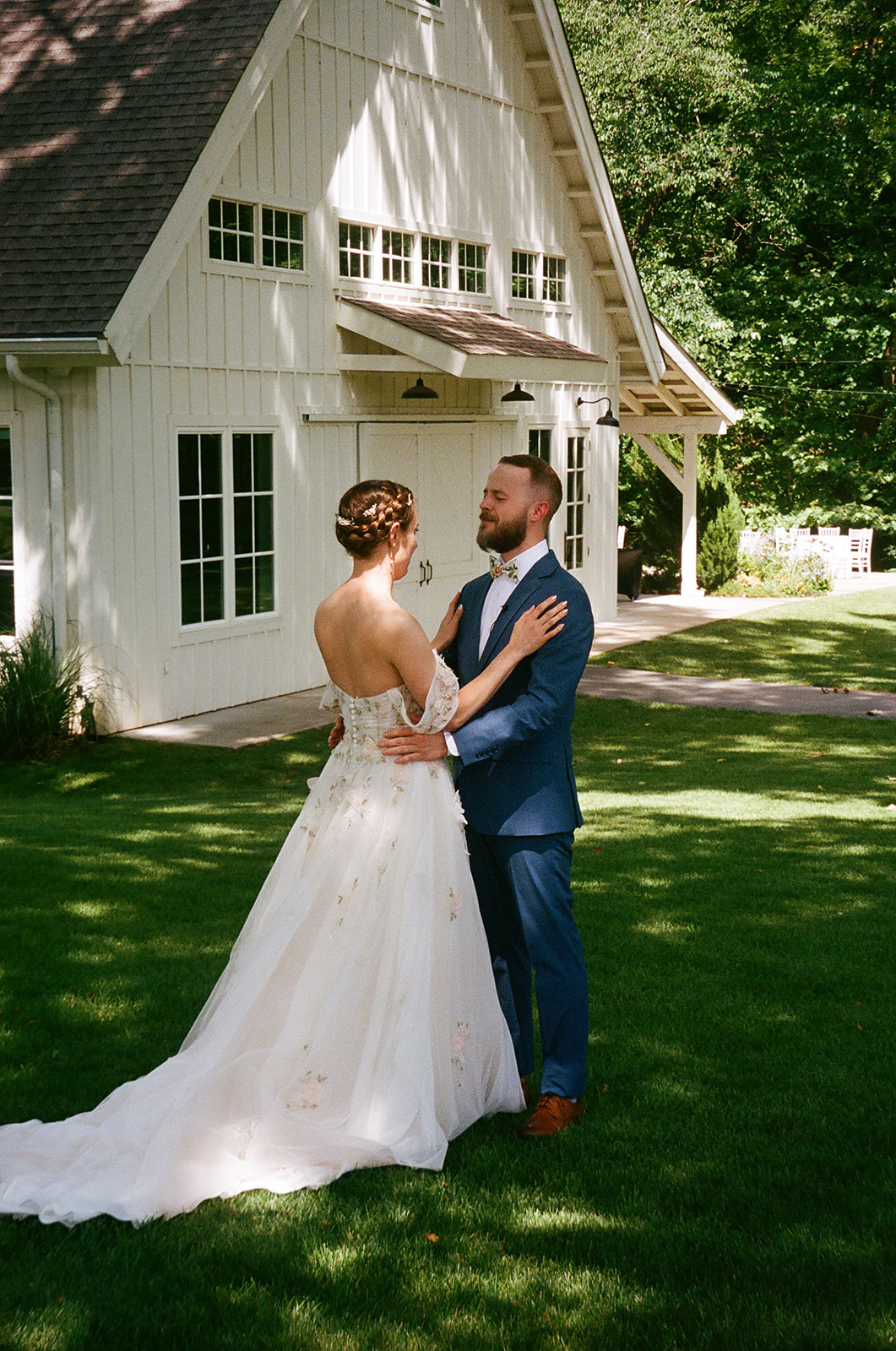 bride and groom take wedding portraits at Spain ranch