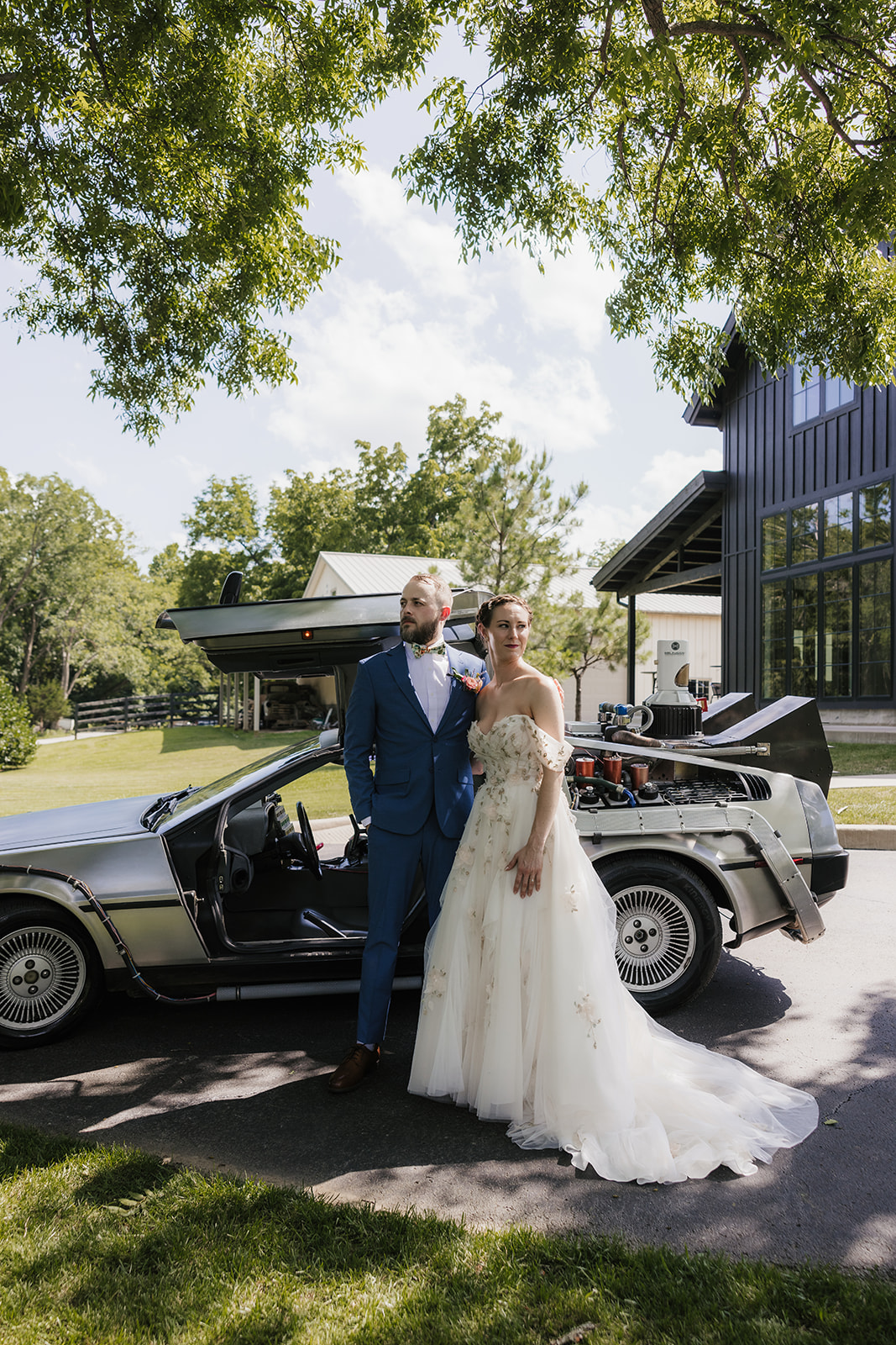 bride and groom take wedding portraits at Spain ranch