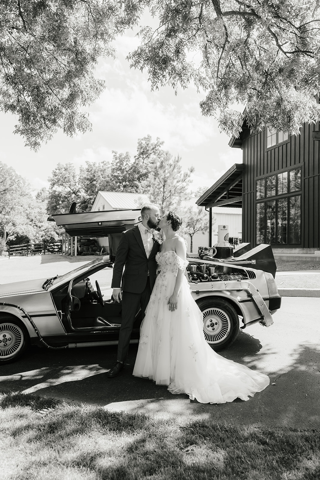 bride and groom take wedding portraits at Spain ranch