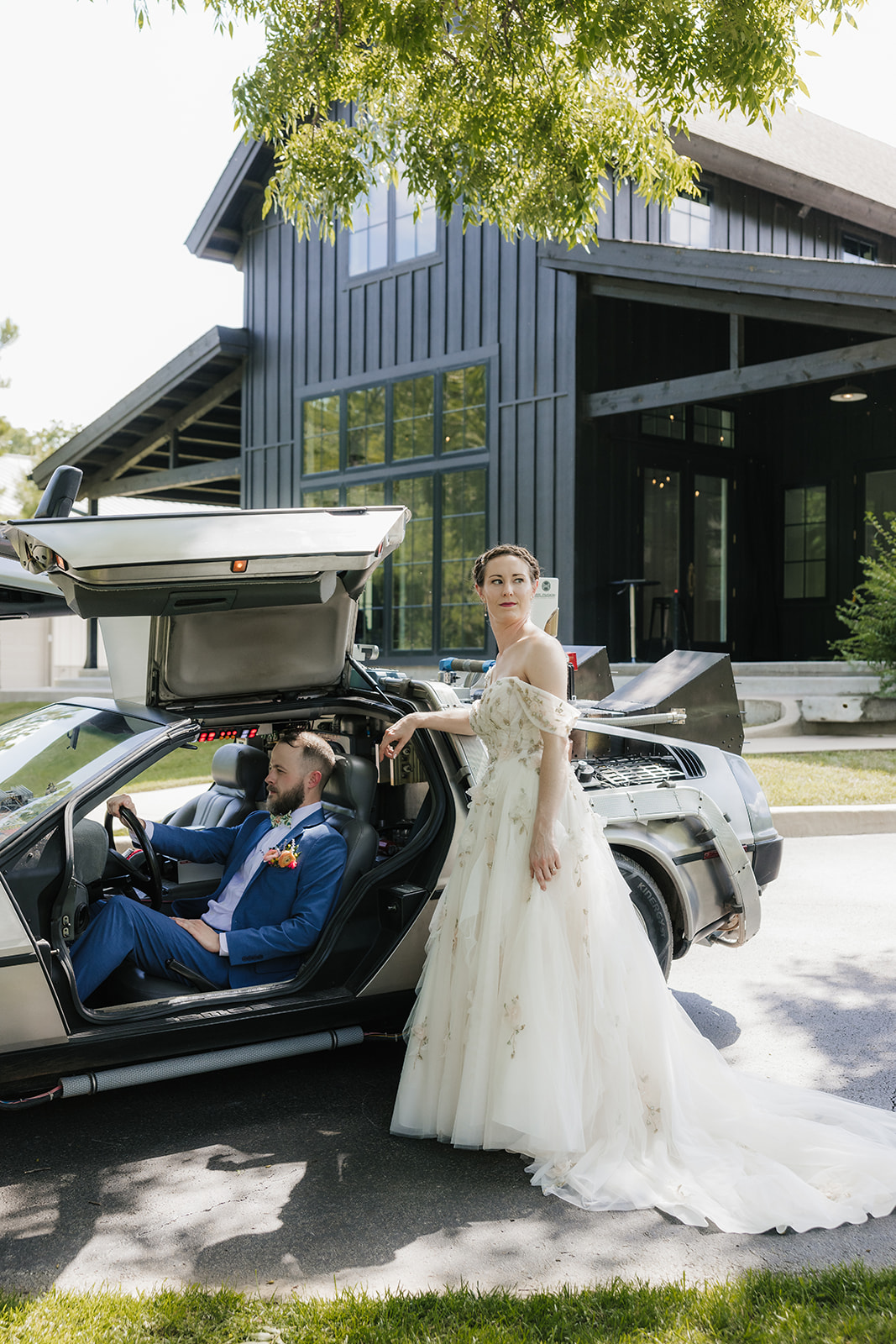 bride and groom take wedding portraits at Spain ranch