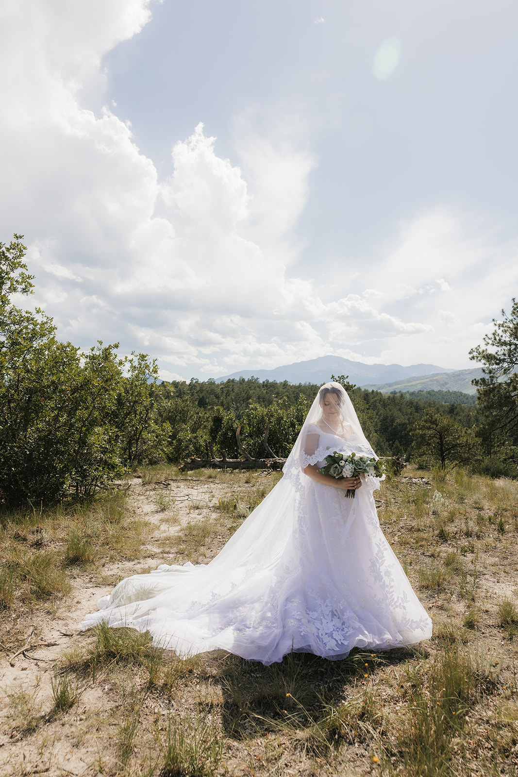 catholic wedding photos of A bride and groom stand outdoors in wedding attire, facing each other under a veil, surrounded by greenery and a cloudy sky for catholic wedding photos