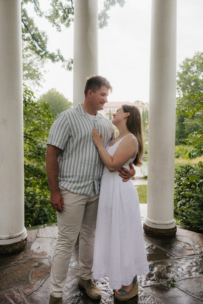 a couple has a romantic engagement session Philbrook Museum in Tulsa Oklahoma 