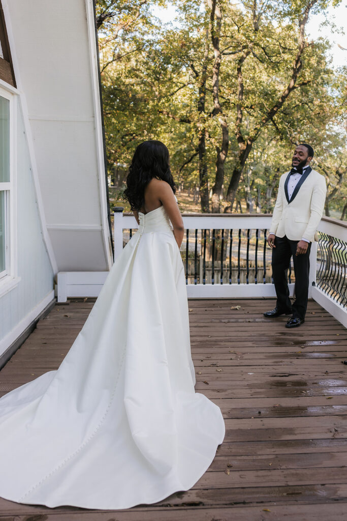 Groom emotional, seeing the bride in her wedding dress