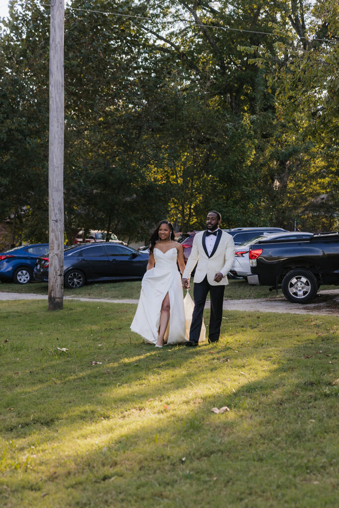 Newlyweds arriving at their reception