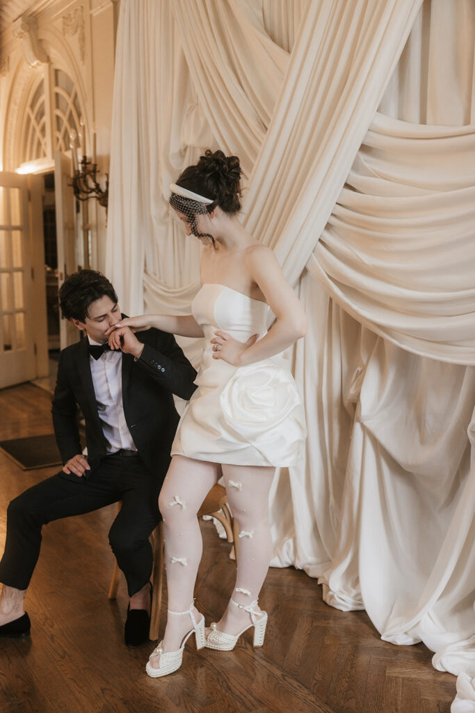 cute picture of the bride and groom smiling at each other