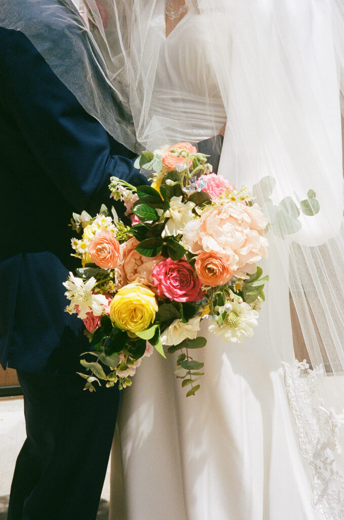 film photo colorful wedding bouquet