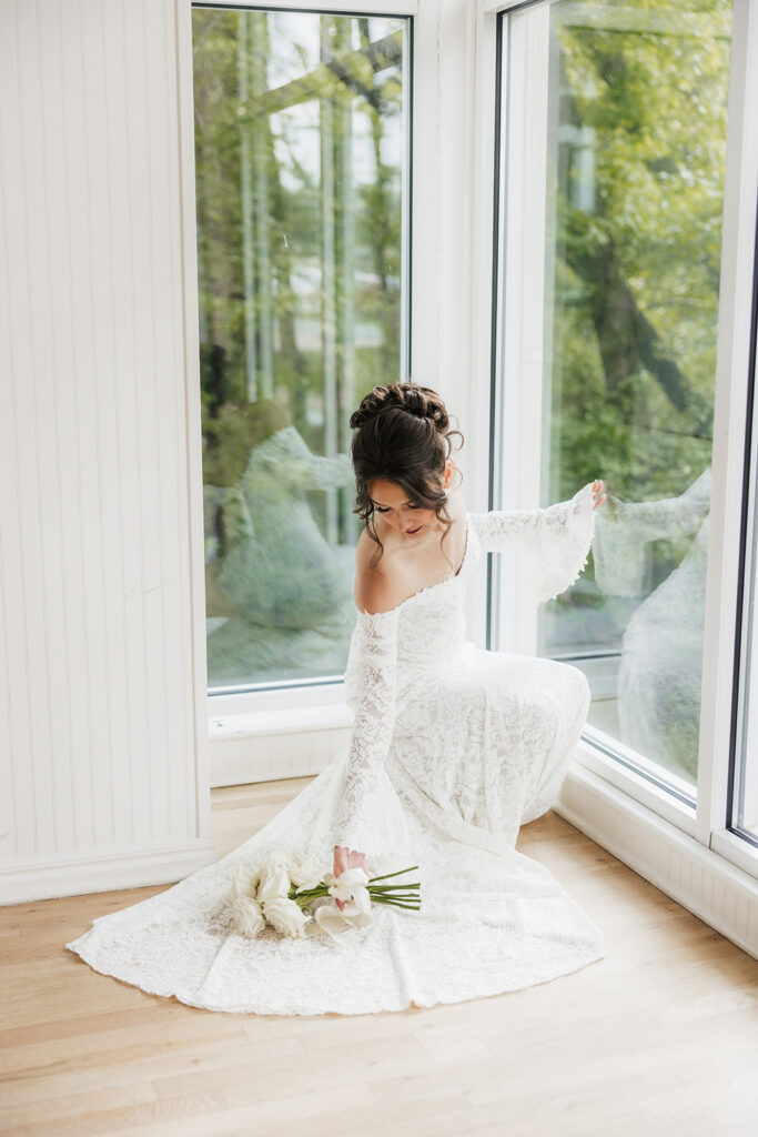portrait of the bride holding her wedding bouquet