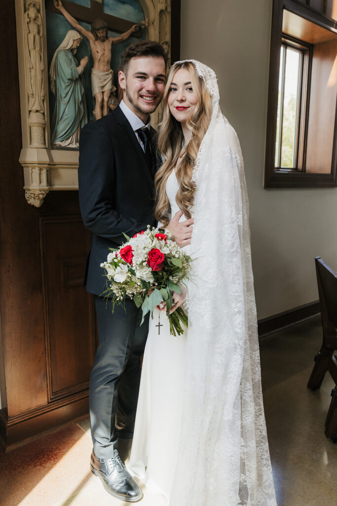 cute picture of the newlyweds smiling at each other