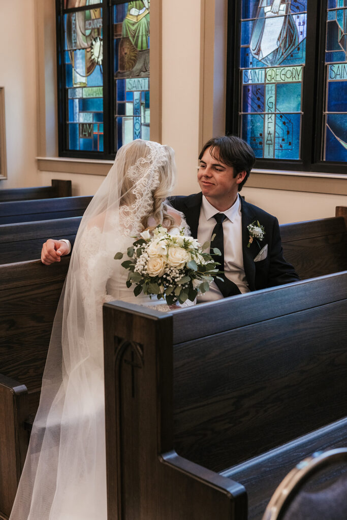 cute picture of the newlyweds smiling at each other