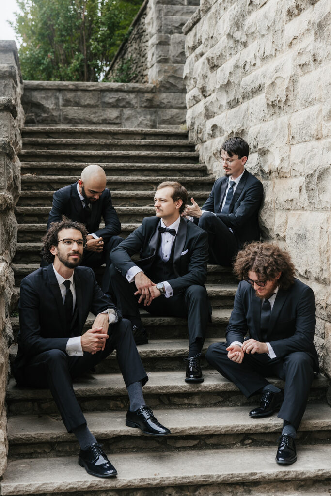 playful portrait of the groom and his friends