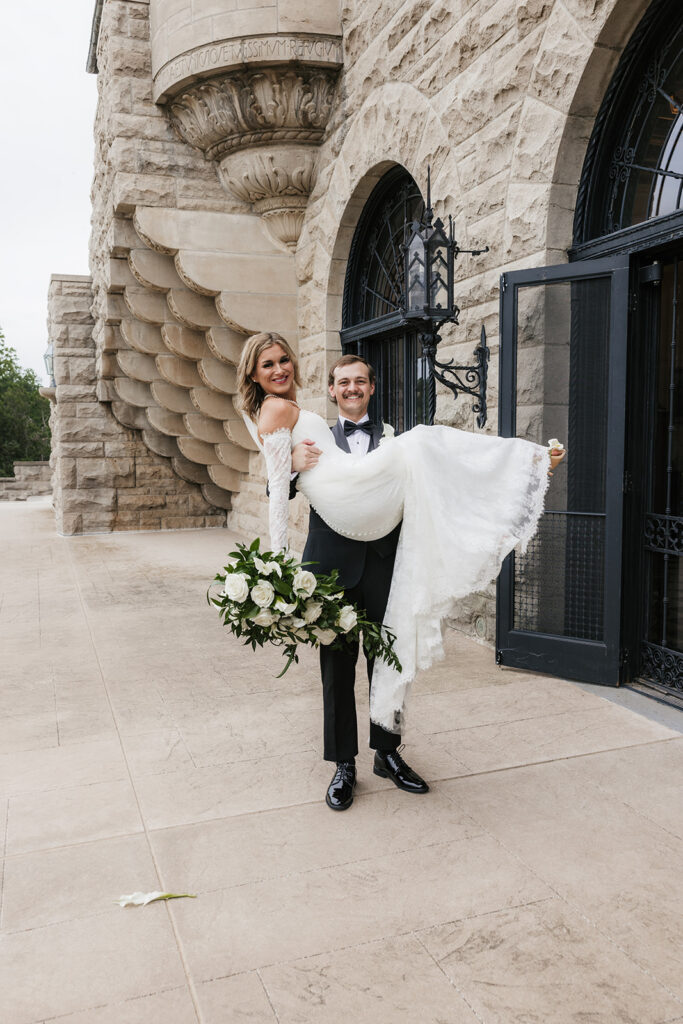 couple heading to their wedding reception