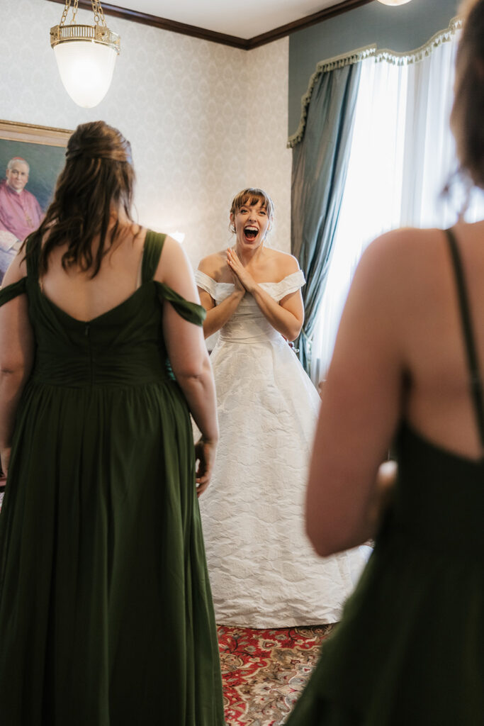 cute first look of the bride and her bridesmaids